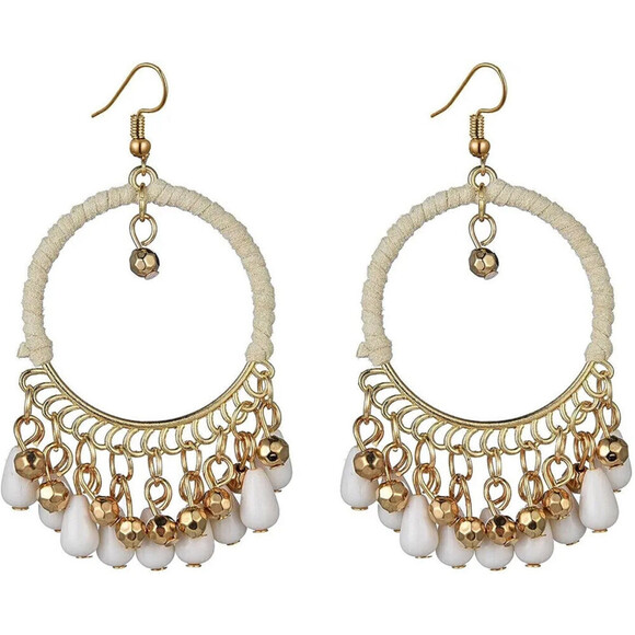 Woven Bohemian Tasseled Earrings In White - Picture 1 of 6